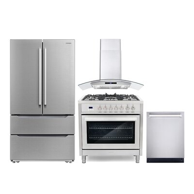 4 Piece Kitchen Package With 36" Freestanding Dual Fuel Range 36" Wall Mount Range Hood 24" Built-in Fully Integrated Dishwasher & Energy Star French Door Refrigerator - Image 0