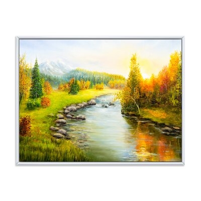 Autumn Landscape With Forest Mountains And River - Lake House Canvas Wall Art Print - Image 0
