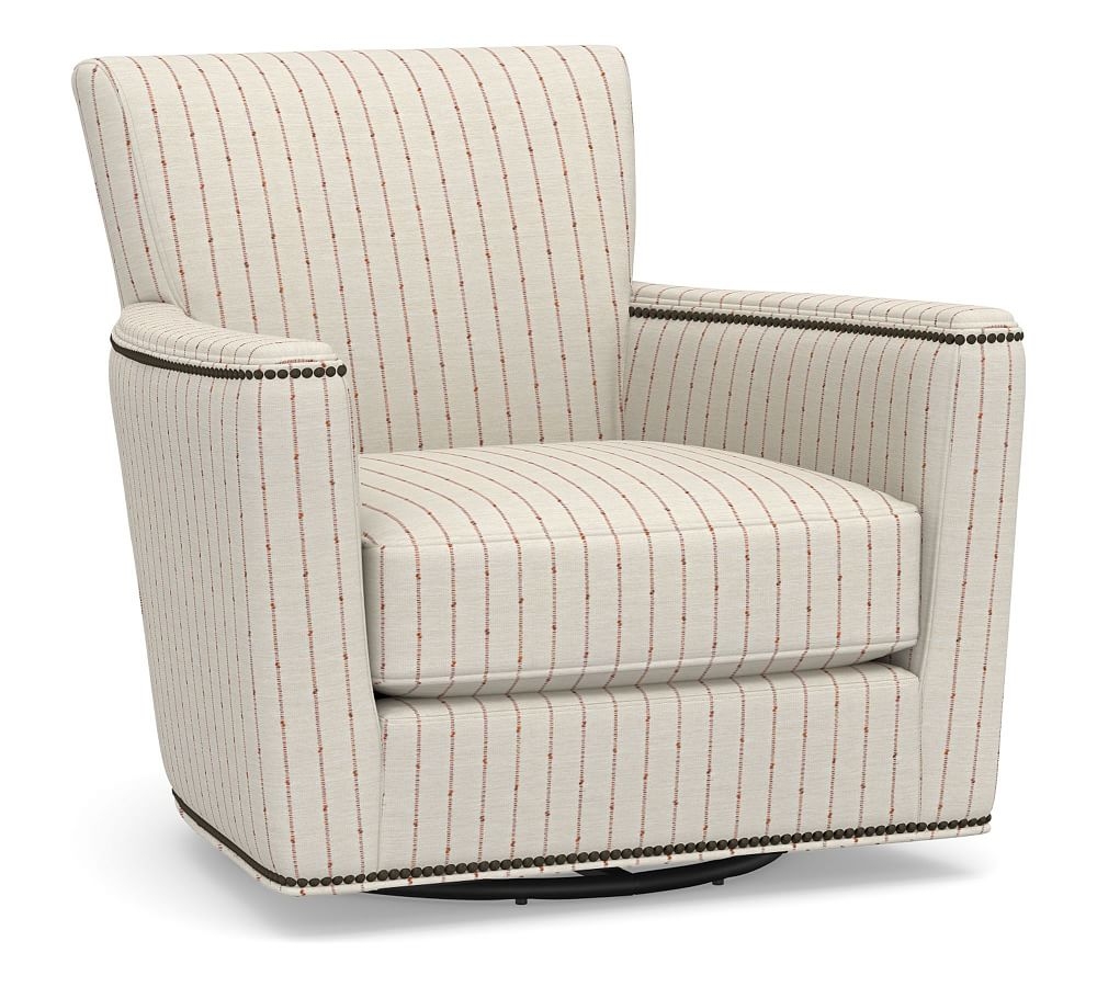 Irving Square Arm Upholstered Swivel Armchair with Nailheads, Polyester Wrapped Cushions, Slubby Pinstripe Red - Image 0