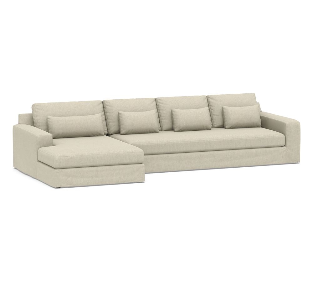 Big Sur Square Arm Slipcovered Deep Seat Right Arm Grand Sofa with Wide Chaise Sectional and Bench Cushion, Down Blend Wrapped Cushions, Chenille Basketweave Oatmeal - Image 0