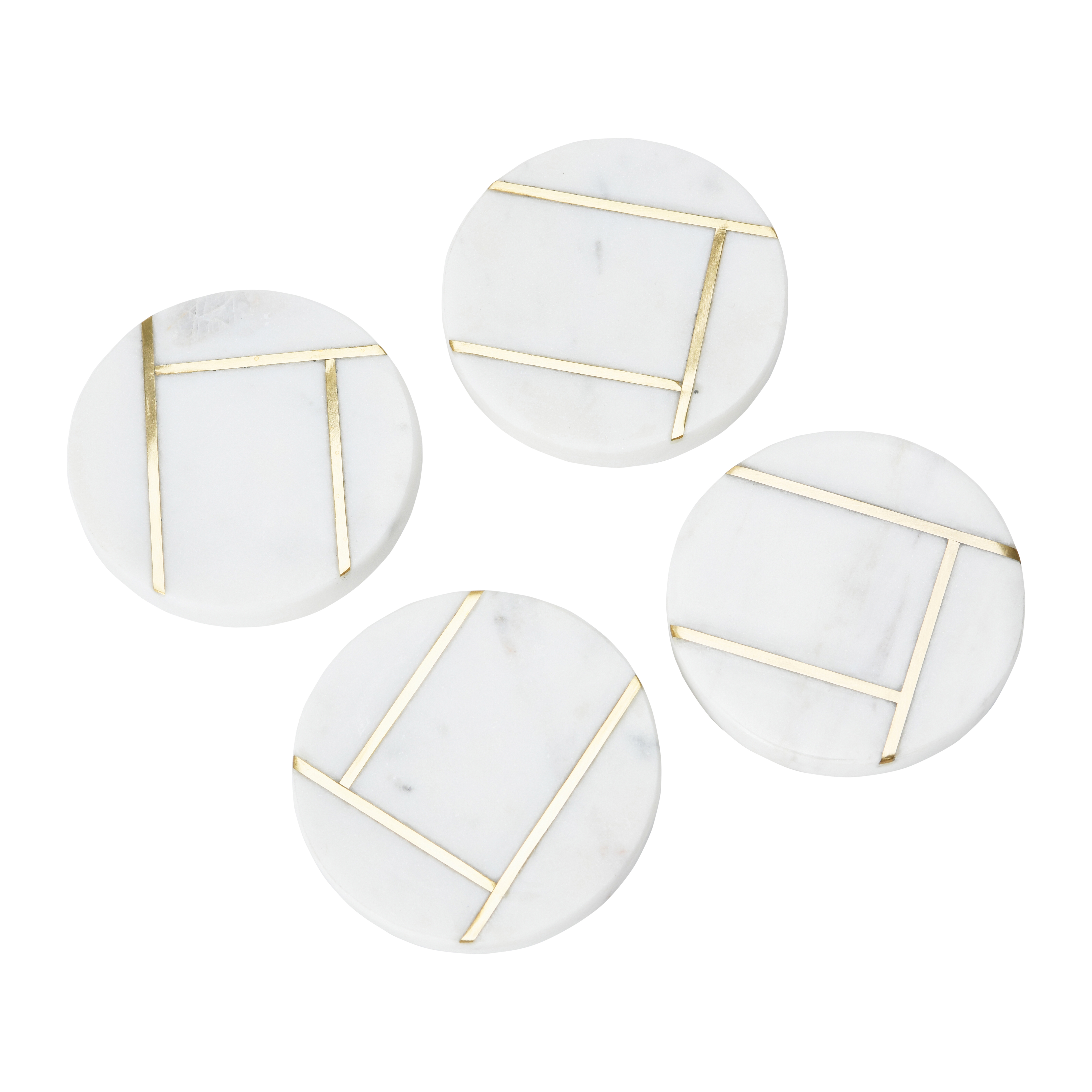 Round Marble Coasters with Brass Inlay, White, Set of 4 - Image 0