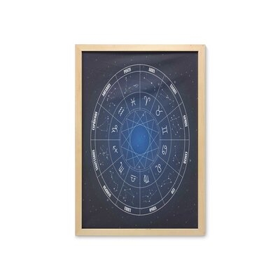 Ambesonne Astrology Wall Art With Frame, Zodiac Horoscope Chart In Wheel Shape Dates In Space Dots Image, Printed Fabric Poster For Bathroom Living Room Dorms, 23" X 35", Dark Blue And White - Image 0