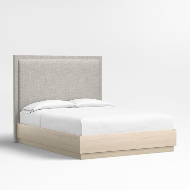 Meraux 56" Mist Grey Upholstered Queen Headboard with Batten White Oak Bed Base - Image 0
