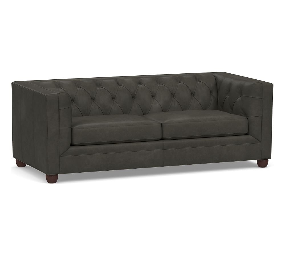 Chesterfield Square Arm Leather Sofa, Polyester Wrapped Cushions, Churchfield Ebony - Image 0
