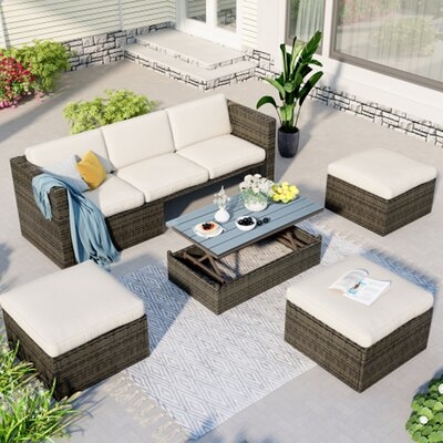 5-Piece Patio Wicker Sofa With Adustable Backrest, Cushions, Ottomans And Lift Top Coffee Table - Image 0