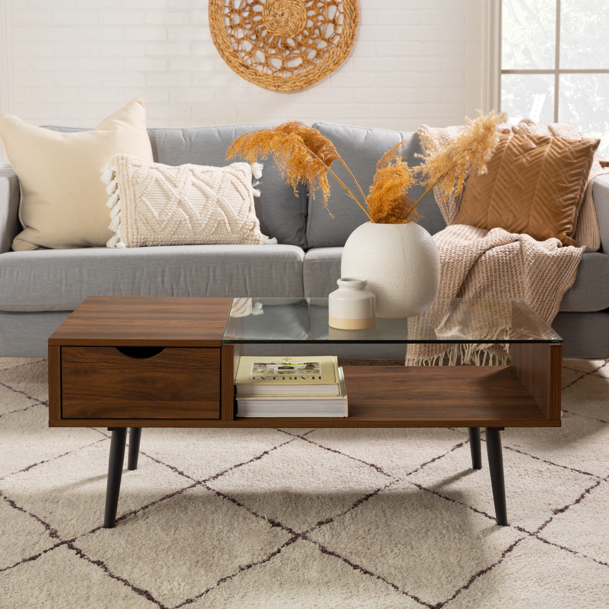 Juniper Mid Century Modern Wood and Glass Coffee Table - Dark Walnut - Image 5