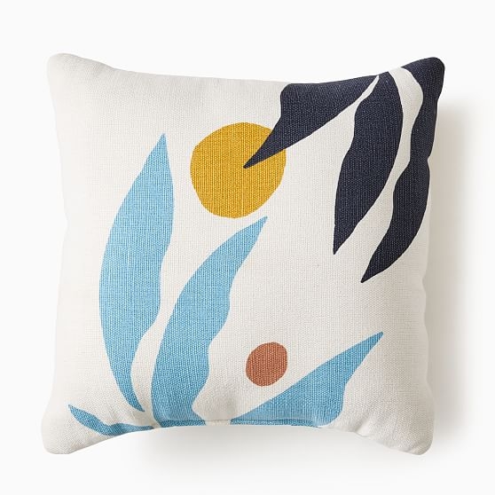 Outdoor Graphic Fronds Pillow, 20"x20", Washed Lagoon - Image 0