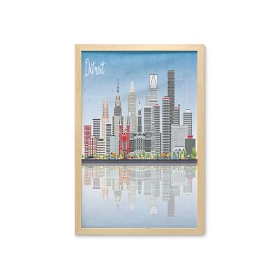 Ambesonne Detroit Wall Art With Frame, Detroit Skyline With Skyscrapers And Modern Buildings Clear Sky Water Reflection, Printed Fabric Poster For Bathroom Living Room Dorms, 23" X 35", Multicolor - Image 0