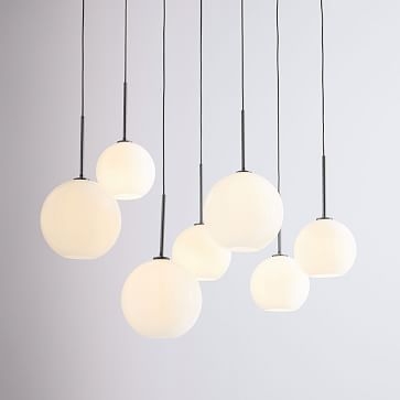 7 Light Linear Globe Chandelier, Small, Globe, Milk Glass Shade, Antique Bronze Canopy, Set of 3 - Image 0
