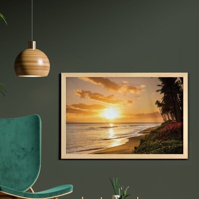 Ambesonne Hawaiian Wall Art With Frame, Warm Tropical Sunset On Sands Of Kaanapali Beach In Maui Hawaii Traveling, Printed Fabric Poster For Bathroom Living Room Dorms, 35" X 23", Orange Green Pink - Image 0