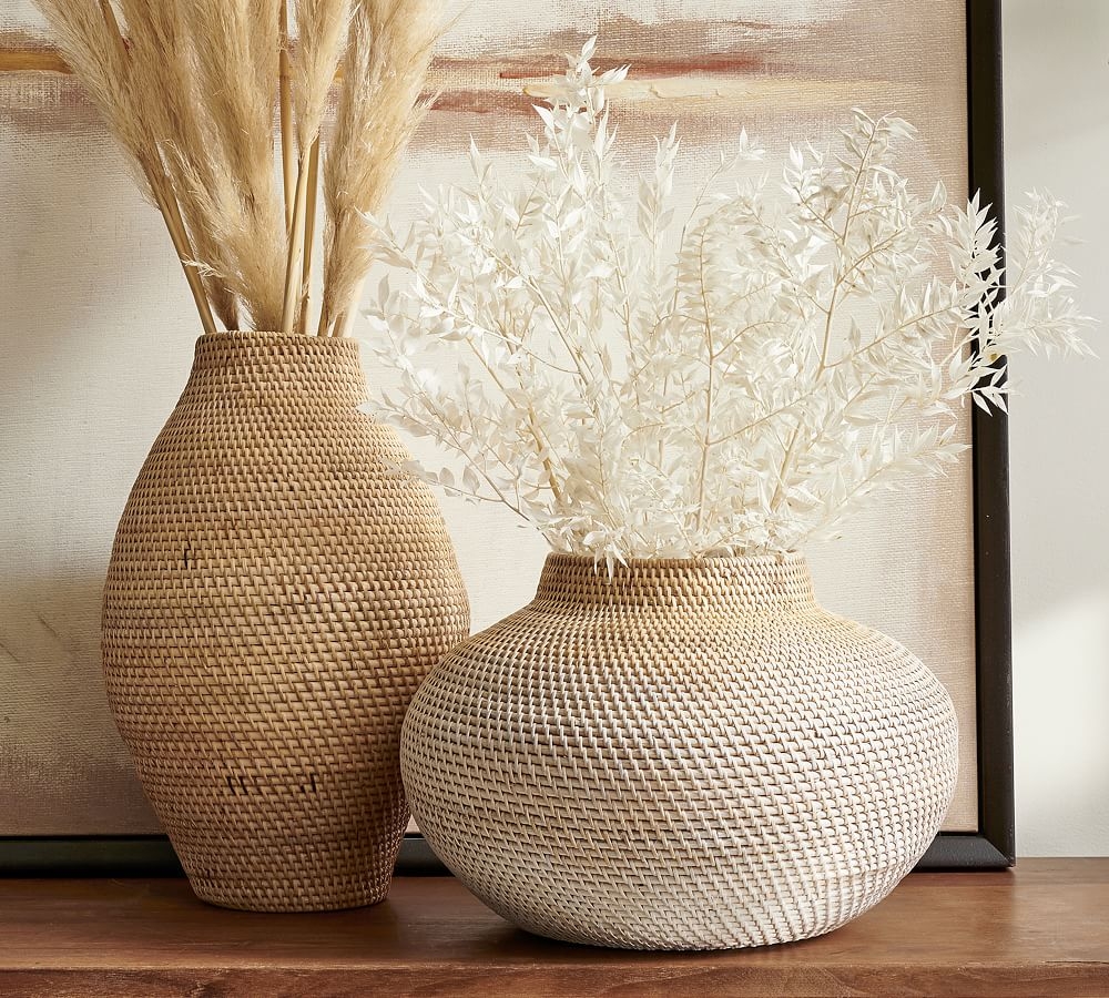 Woven Rattan Vases, Tall, Natural - Image 1