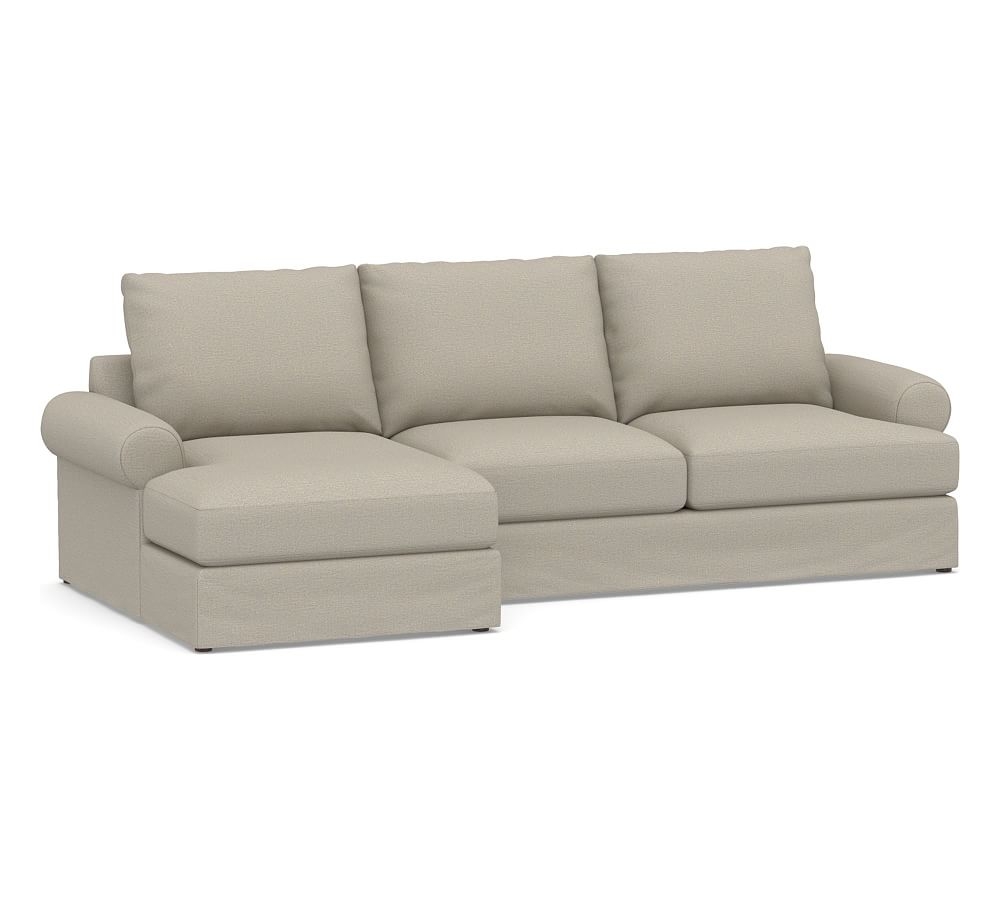 Canyon Roll Arm Slipcovered Right Arm Loveseat with Chaise Sectional, Down Blend Wrapped Cushions, Performance Boucle Fog - Image 0