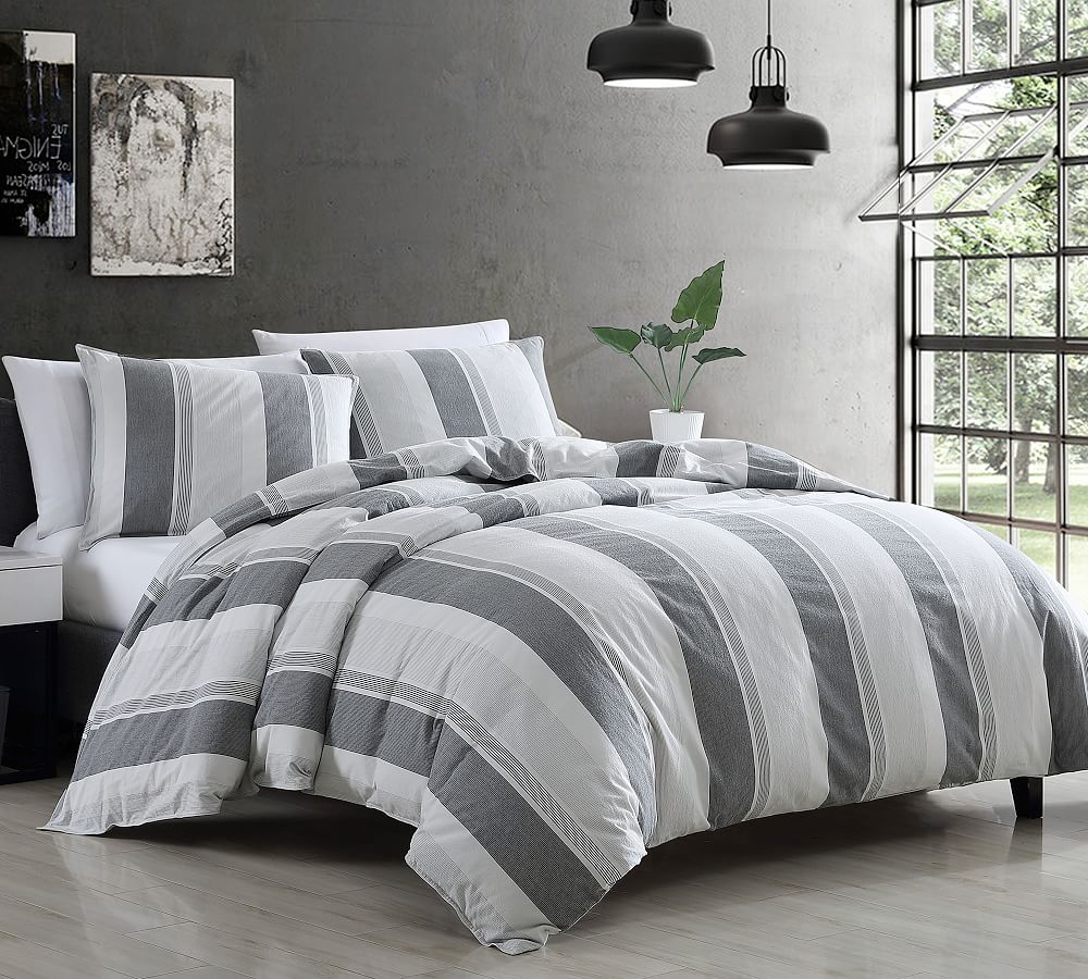 Rowley Striped Percale Comforter & Shams Set, King, Gray/Blue - Image 0