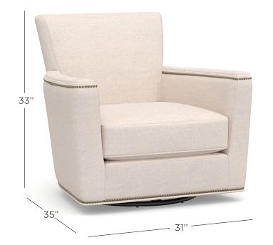 Irving Square Arm Upholstered Swivel Armchair with Nailheads, Polyester Wrapped Cushions, Performance Heathered Basketweave Alabaster White - Image 1