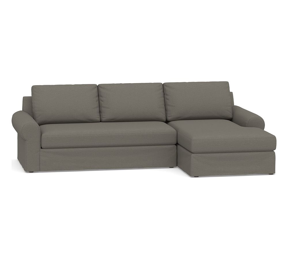 Big Sur Roll Arm Slipcovered Left Arm Loveseat with Chaise Sectional and Bench Cushion, Down Blend Wrapped Cushions, Chunky Basketweave Metal - Image 0