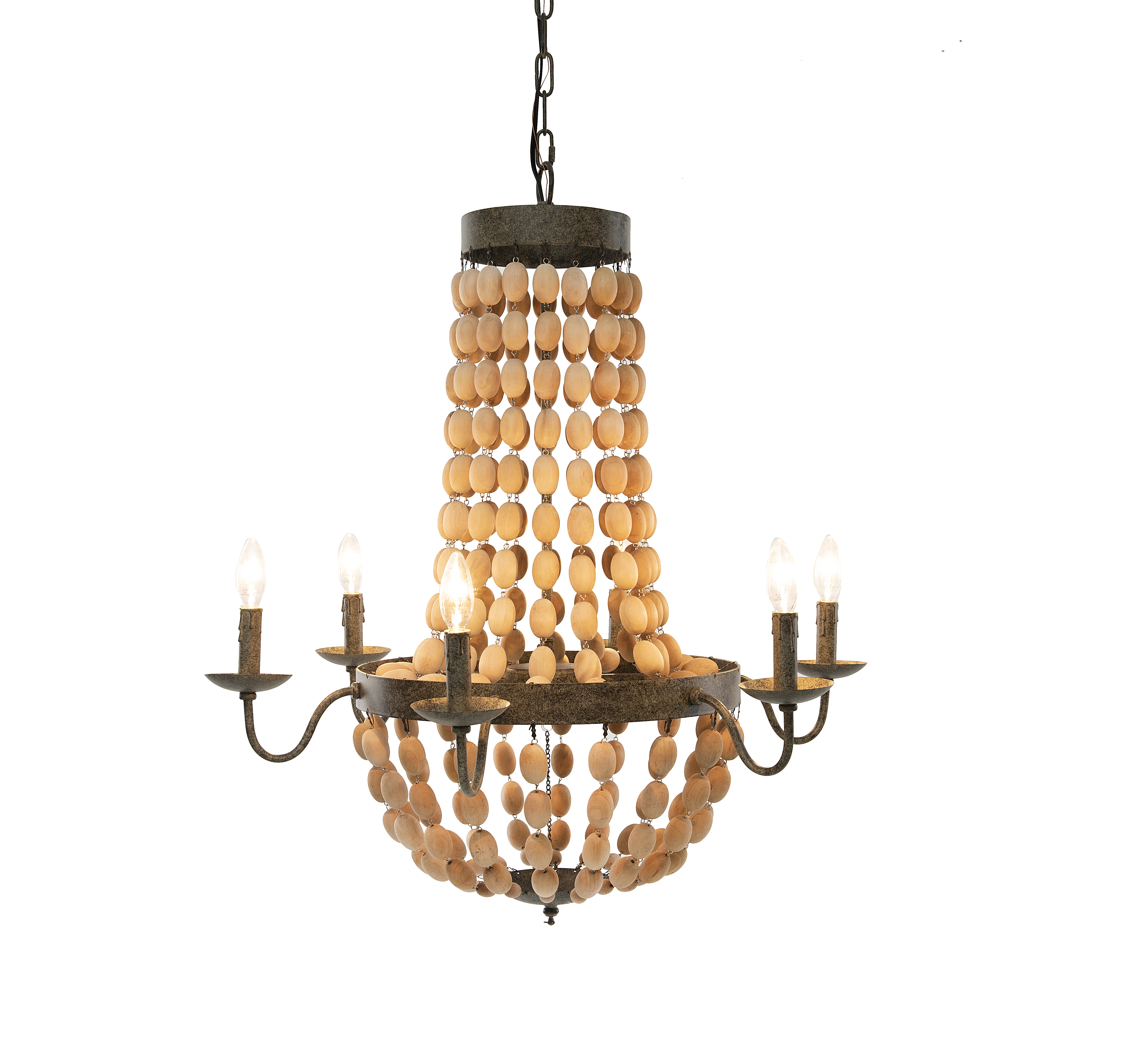 Metal Chandelier with Brown Wood Beads & 6 Lights - Image 0
