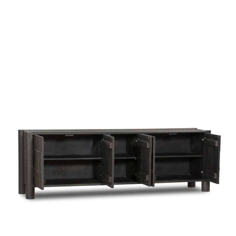 Ezri 82" Black Carved Oak Wood Storage Media Console - Image 7