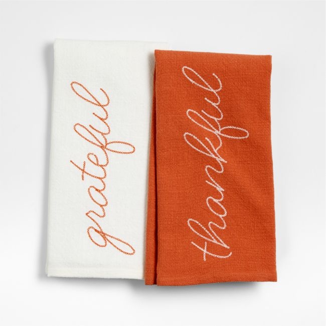 "Thankful" & "Grateful" Embroidered Organic Cotton Kitchen Towels, Set of 2 - Image 0