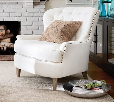 Cardiff Tufted Upholstered Armchair with Nailheads, Polyester Wrapped Cushions, Performance Heathered Basketweave Platinum - Image 4