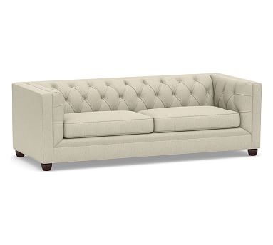 Chesterfield Square Arm Upholstered Grand Sofa 93.5", Polyester Wrapped Cushions, Chenille Basketweave Oatmeal - Image 0