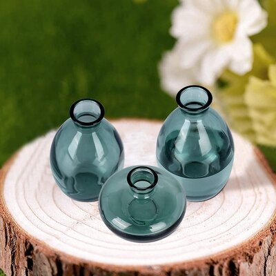 Small Glass Vases For Flowers Decor Set Of 3, Ins Modern Decorative Iridescent Blue Mini Glass Table Bud Vases Set In Various Shapes For Home Décor Floral Centerpieces Desk Decoration, Set Of 3, Blue - Image 0