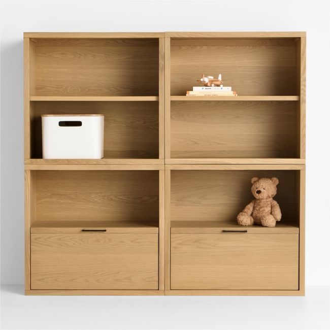 Oliver Set of 2 Modular Natural Oak Wood Kids Open Bookcases with Drawers - Image 0