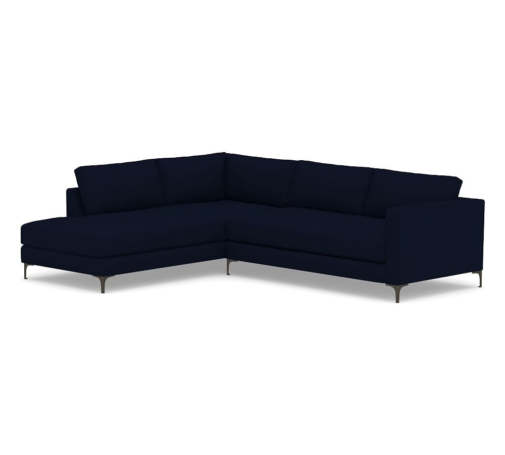 Jake Upholstered Right Sofa Return Bumper Sectional 2X1, Bench Cushion, Bronze Legs, Polyester Wrapped Cushions, Performance Everydaylinen(TM) Navy - Image 0