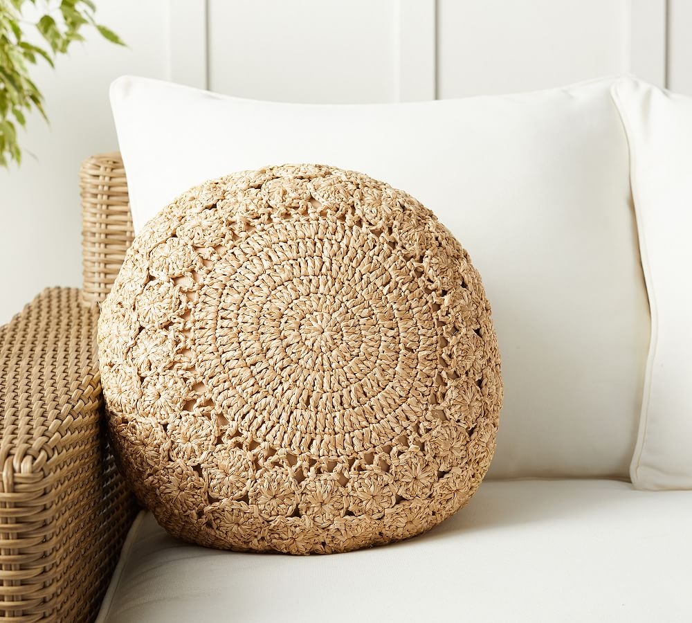 Round Crochet Faux Natural Fiber Indoor/Outdoor Pillow, 16 x 16", Natural - Image 0