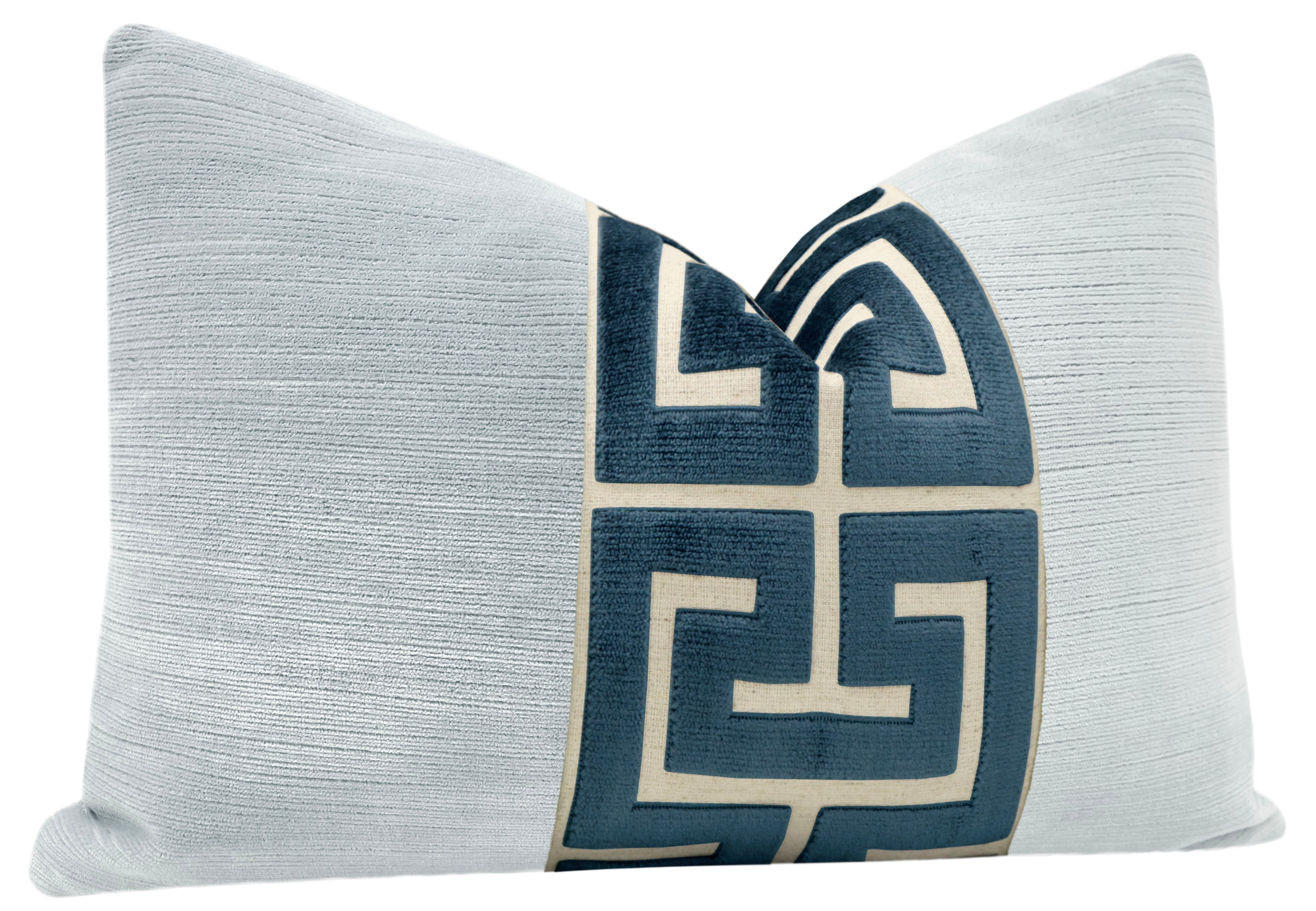 THE LITTLE LUMBAR :: STRIE VELVET // MIST + NAVY BLUE GREEK TRIM - LITTLE LUMBAR 12" X 18" - Image 1