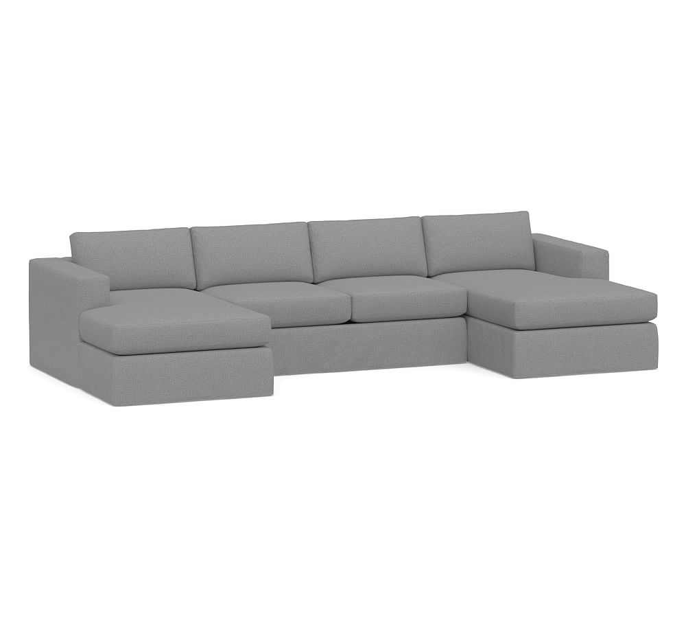 Carmel Square Arm Slipcovered U-Chaise Loveseat Sectional, Down Blend Wrapped Cushions, Performance Brushed Basketweave Chambray - Image 0