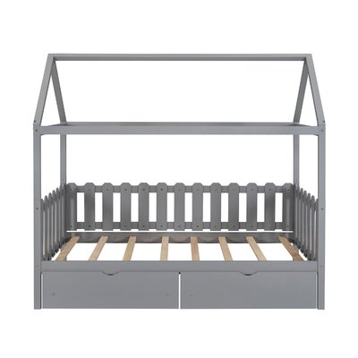 Twin Size House Bed With Drawers, Fence-Shaped Guardrail, White - Image 0