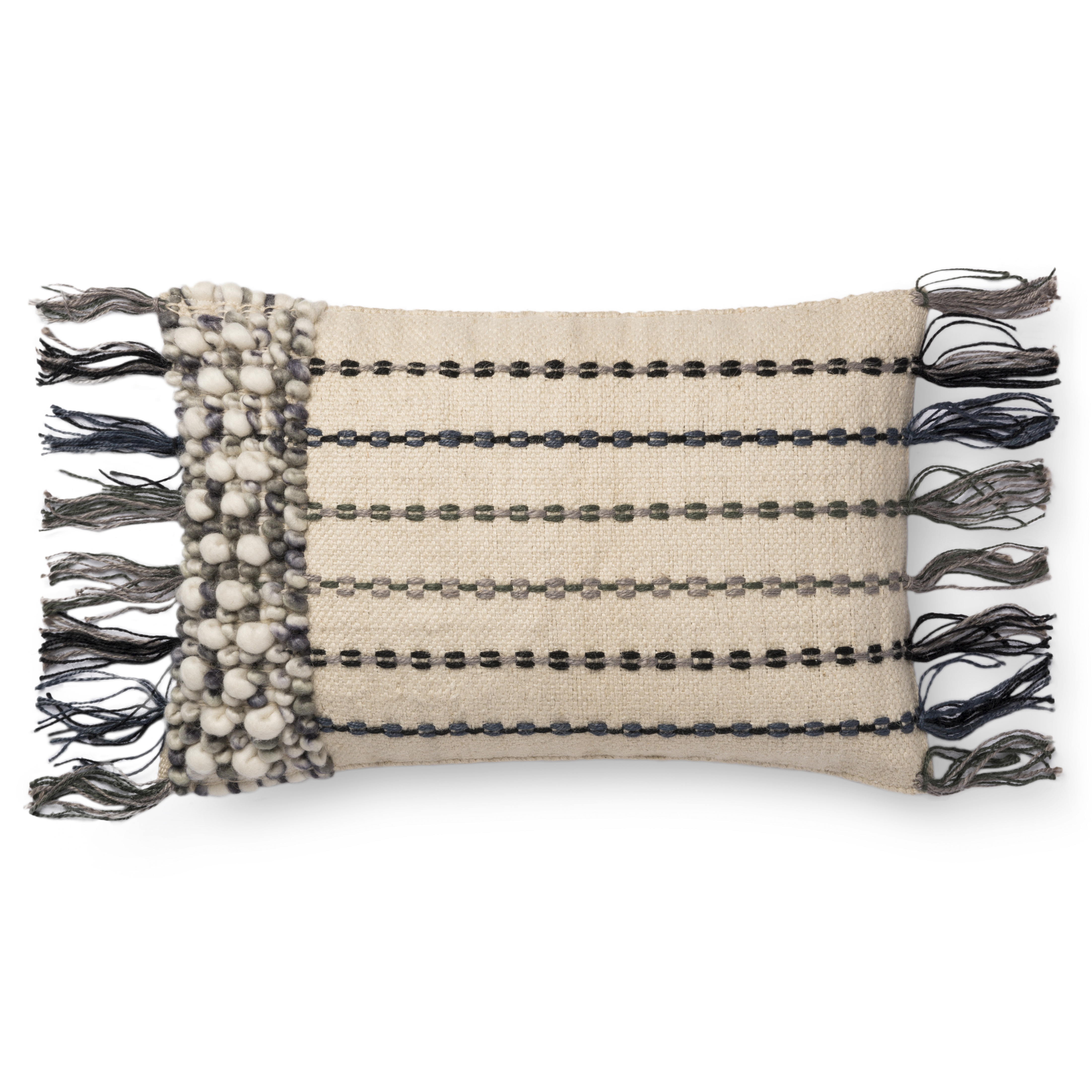 Woven Lumbar Pillow Cover with Tassels, 13" x 21", Natural & Blue - Image 0