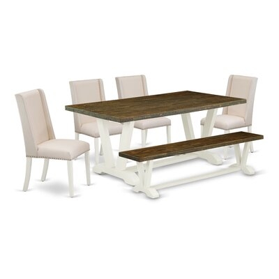 70369FE285AA4191B006FE8F3FAC829C 6Pc Dining Set - A Dining Table, Bench And 4 A Linen Fabric Dining Chairs With Nail Heads, Cement & Linen White Finish - Image 0