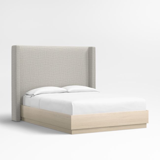 Arden 60" Mist Grey Upholstered Queen Headboard with Batten White Oak Bed Base - Image 0