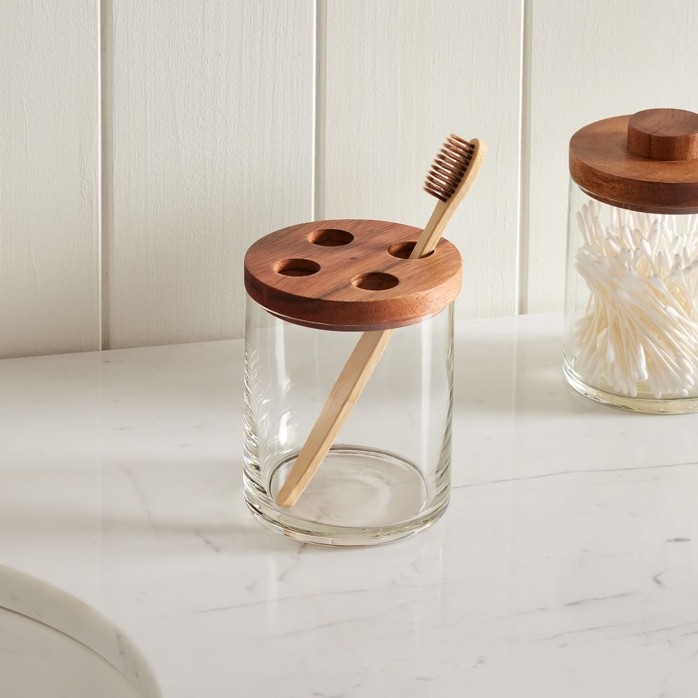 Clover Wood and Glass Bath Accessories, Toothbrush Holder, Acacia - Image 0