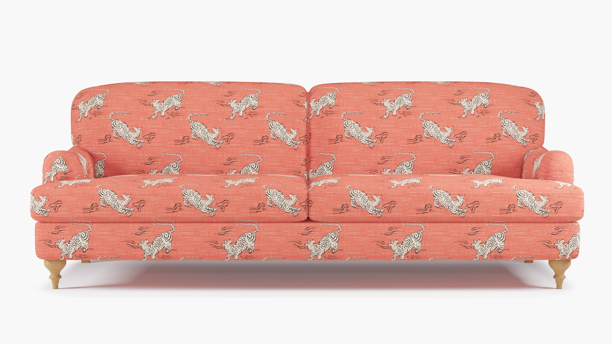 English Roll Arm Sofa, Coral Tigresse, Natural Turned Wood Leg - Image 0