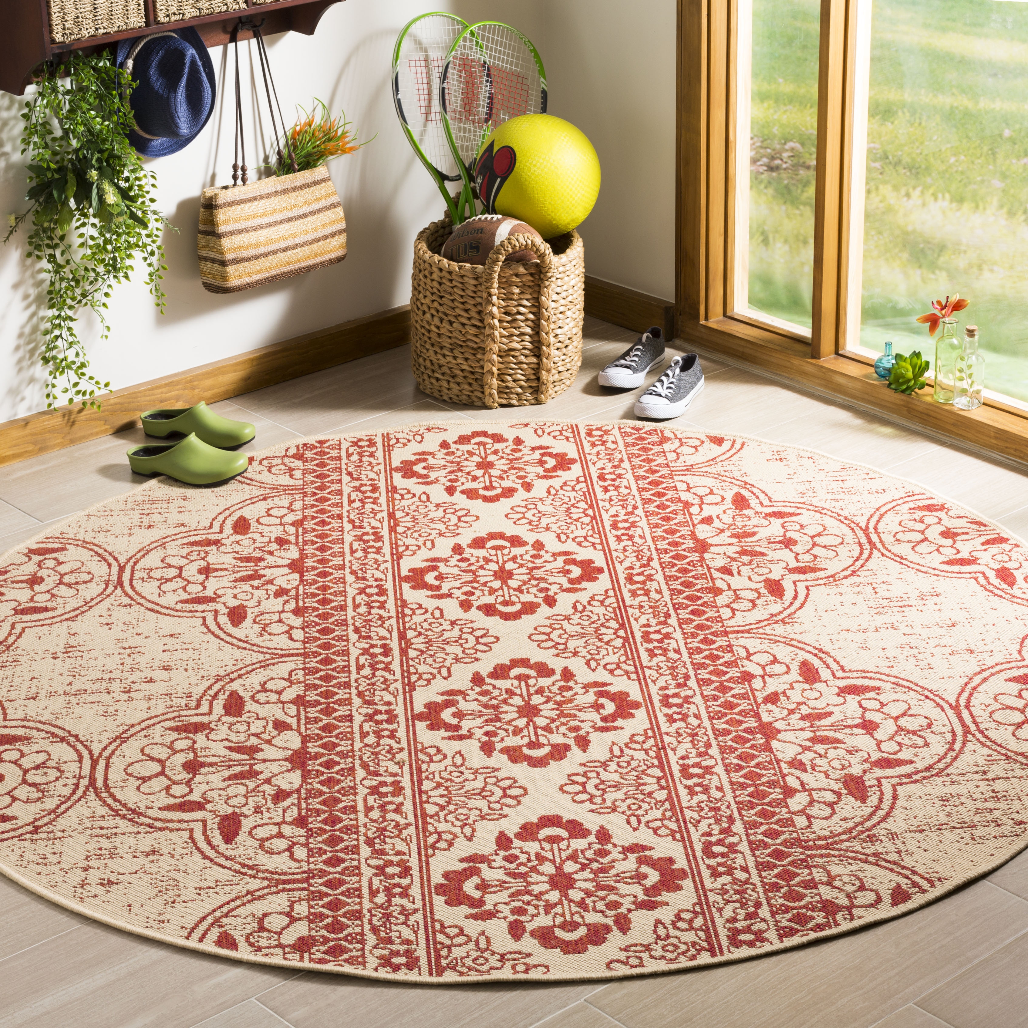 Arlo Home Indoor/Outdoor Woven Area Rug, LND174Q, Red/Cream,  6' 7" X 6' 7" Round - Image 1