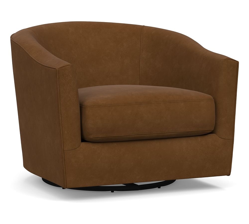 Harlow Leather Swivel Armchair without Nailheads, Polyester Wrapped Cushions, Aviator Umber - Image 0