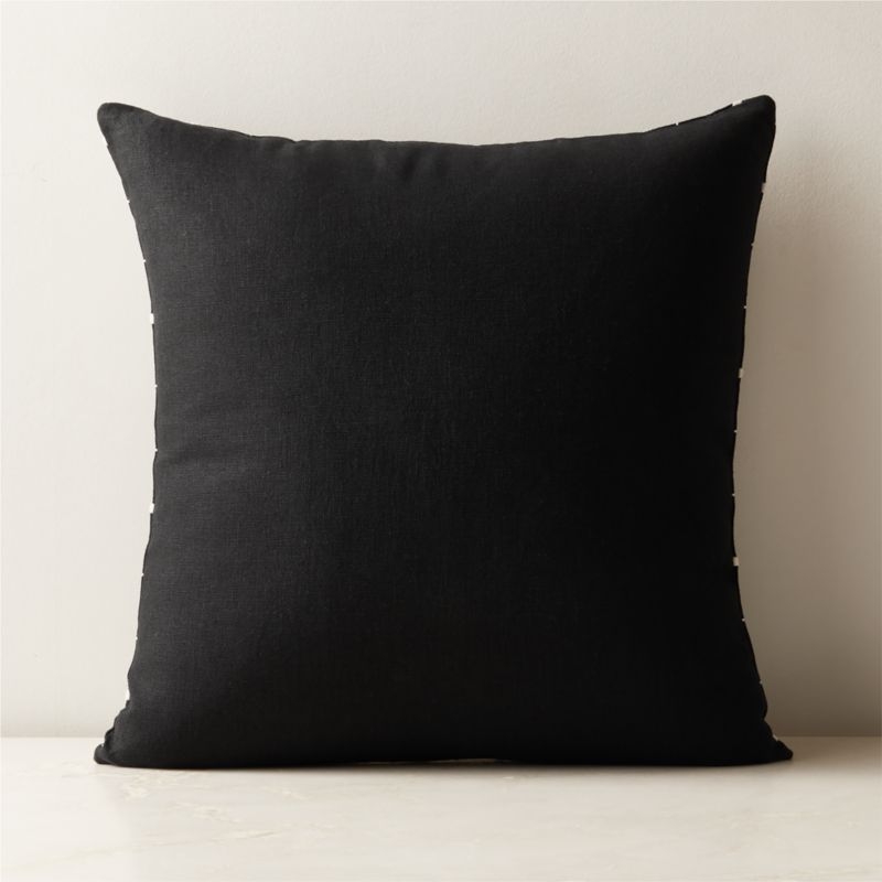 Symi Black and Warm White Embroidered Linen Throw Pillow with Down-Alternative Insert 20"x20" - Image 1