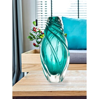 Varrick Aqua Swirl Hand Blown Art Glass Vase - Image 0
