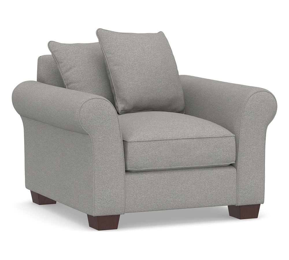 PB Comfort Roll Arm Upholstered Armchair 40", Box Edge Down Blend Wrapped Cushions, Performance Heathered Basketweave Platinum - Image 0