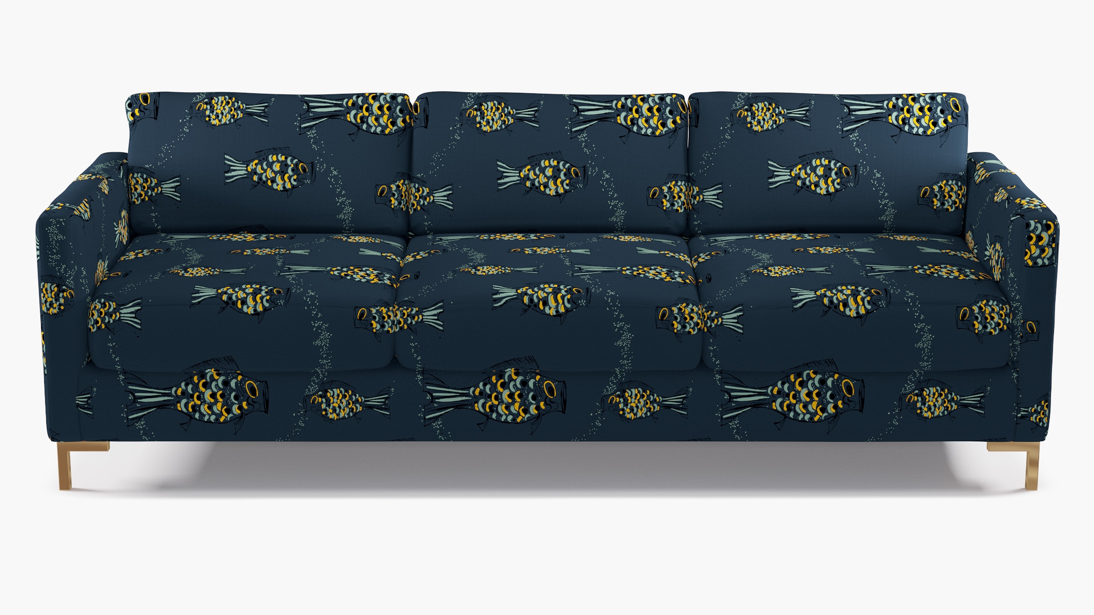 Modern Sofa, Indigo Sakana, Brass L Leg - Image 0