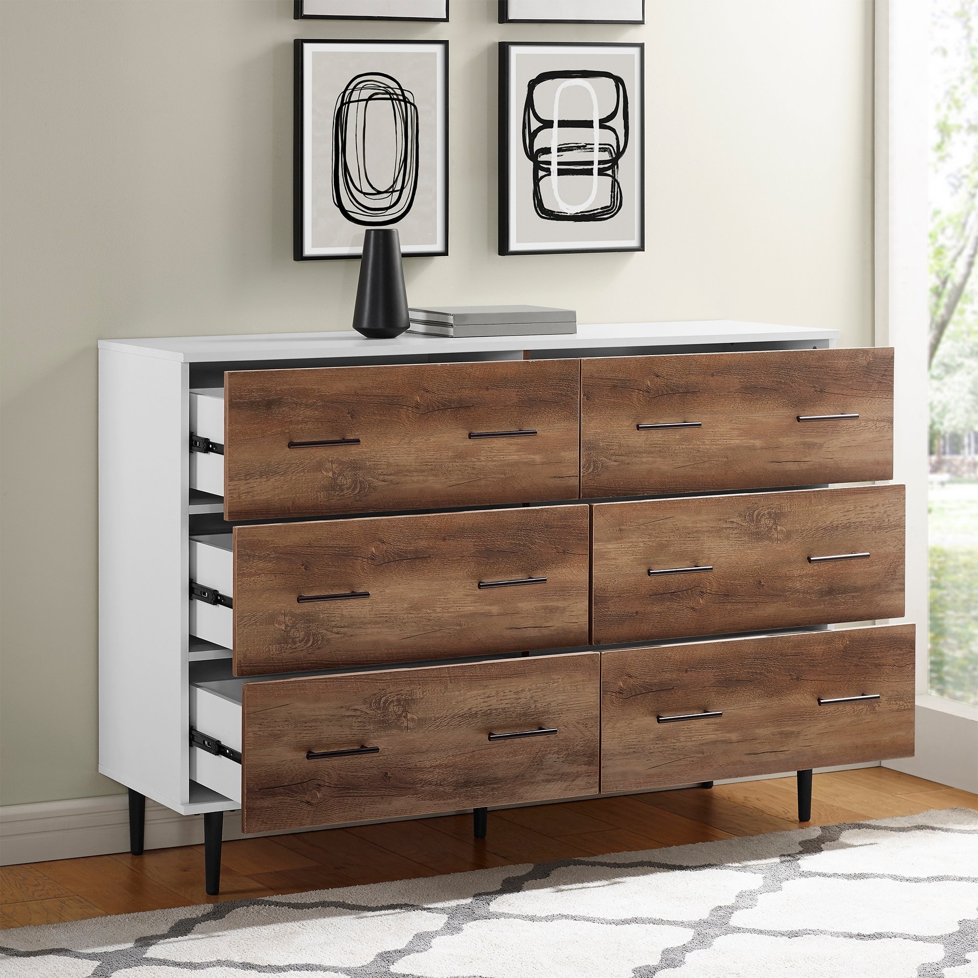 Savanna Modern Wood 6 Drawer Dresser - White/Rustic Oak - Image 5