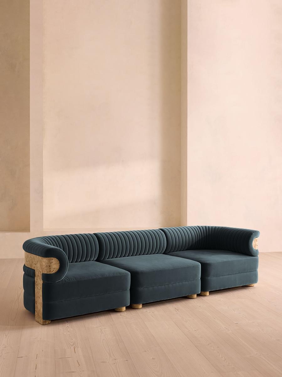 Caleb Sectional Sofa, Four Seater, Velvet, Grey Blue, Blonde Burl, US - Image 0