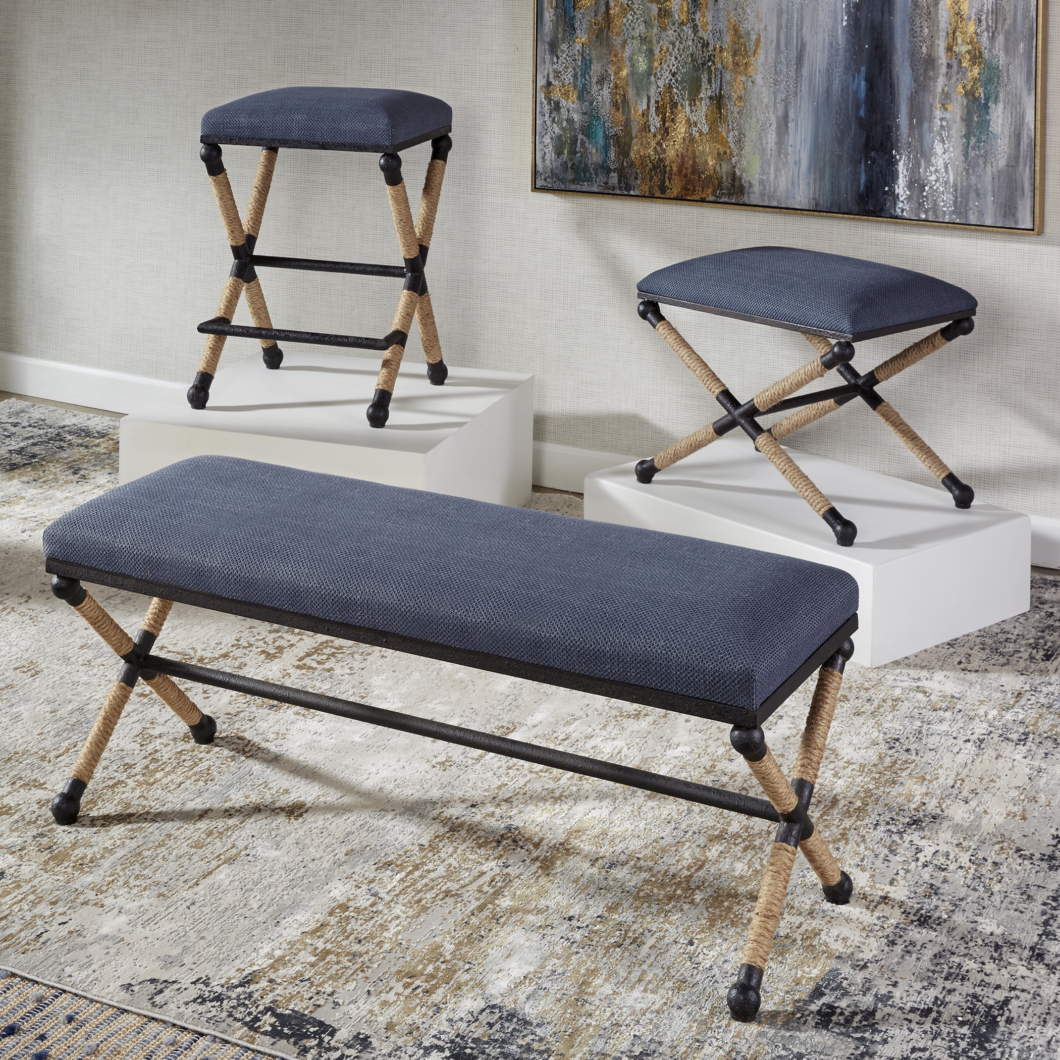 Firth Small Navy Fabric Bench - Image 2