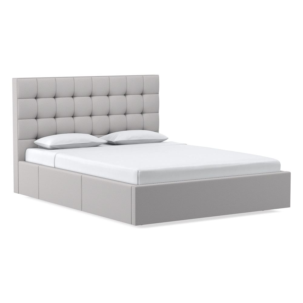 Emmett Grid Tufted Storage Bed, King, Chenille Tweed, Frost Gray, No-Show - Image 1