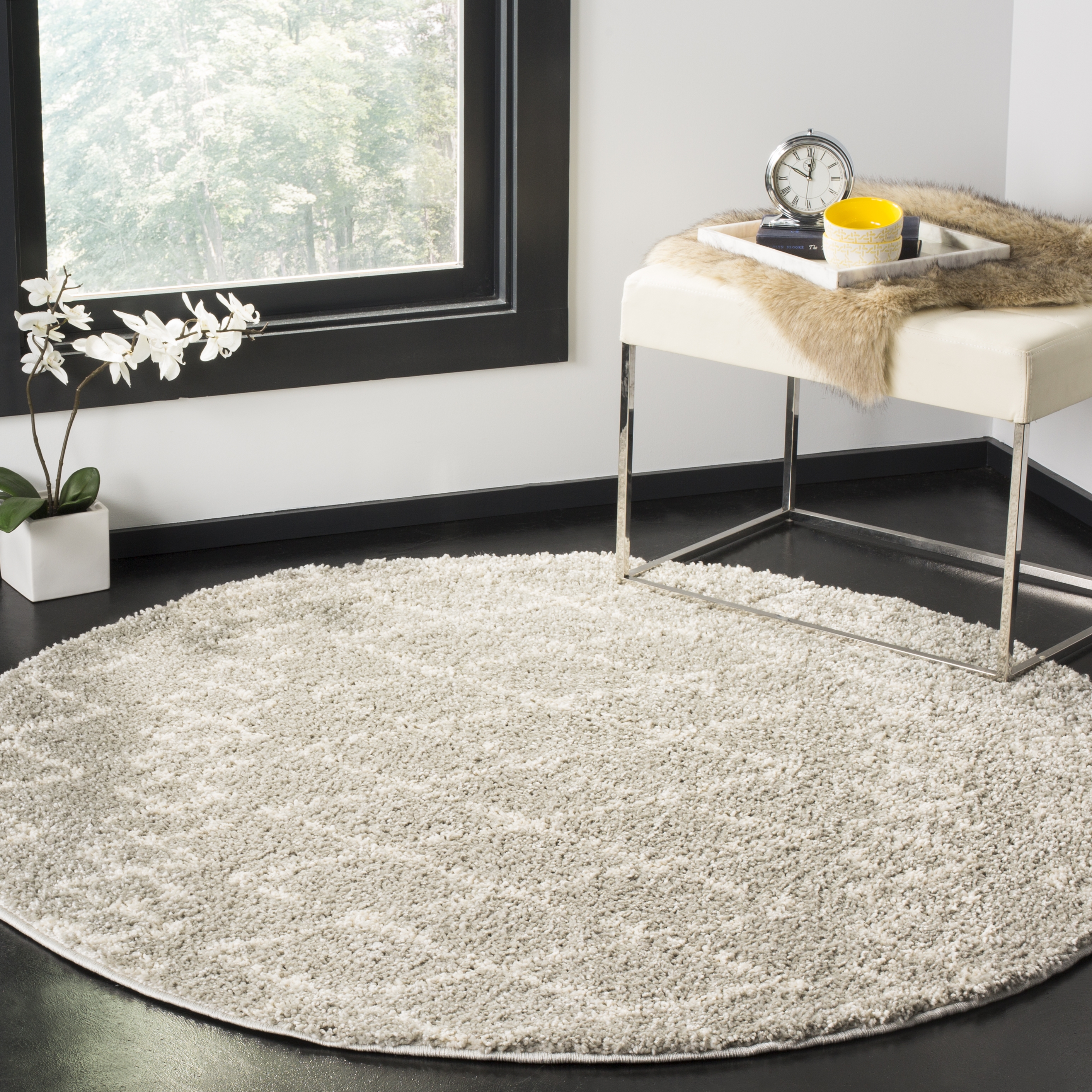Arlo Home Woven Area Rug, BER165B, Light Grey/Cream,  5' 1" X 5' 1" Round - Image 1