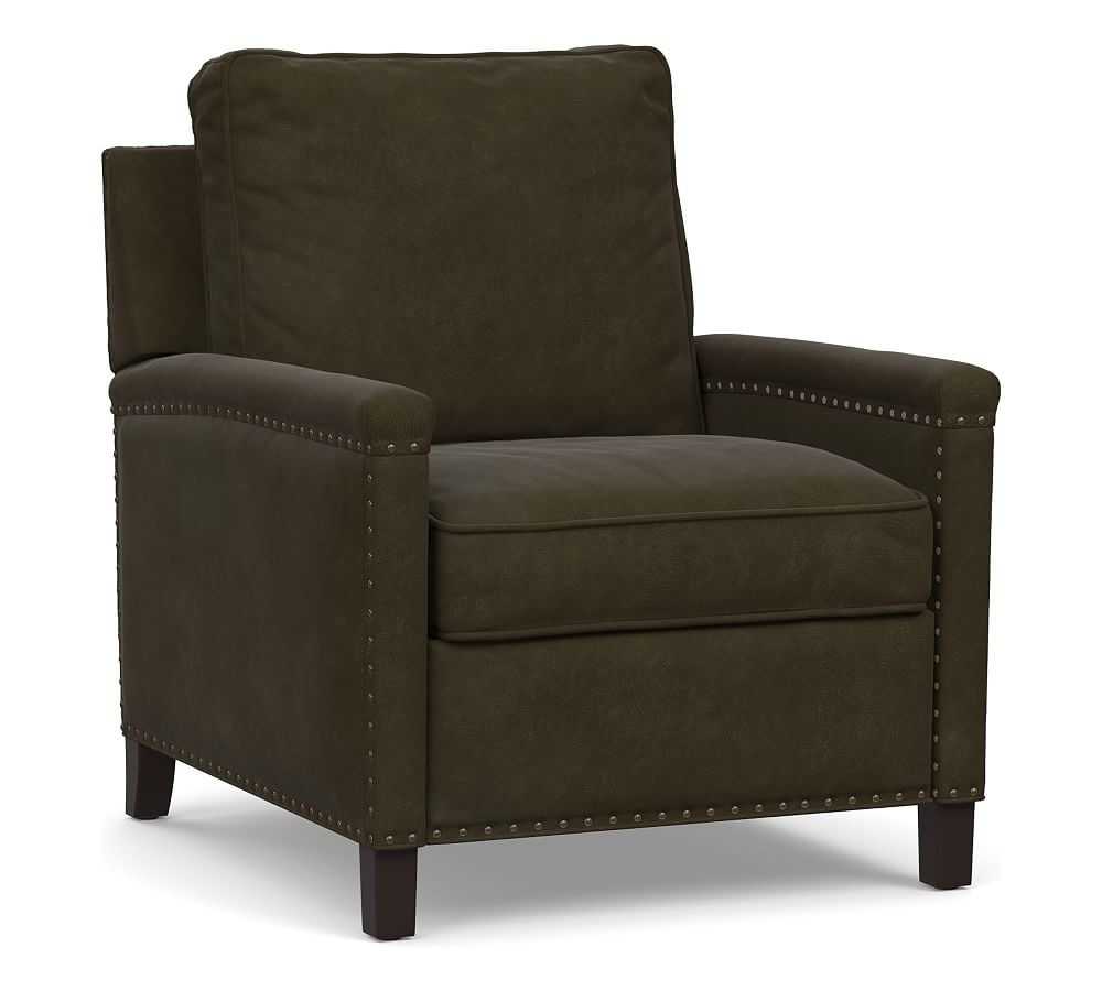 Tyler Square Arm Leather Recliner with Oxidized Satin Brass Nailheads, Down Blend Wrapped Cushions, Aviator Blackwood - Image 0