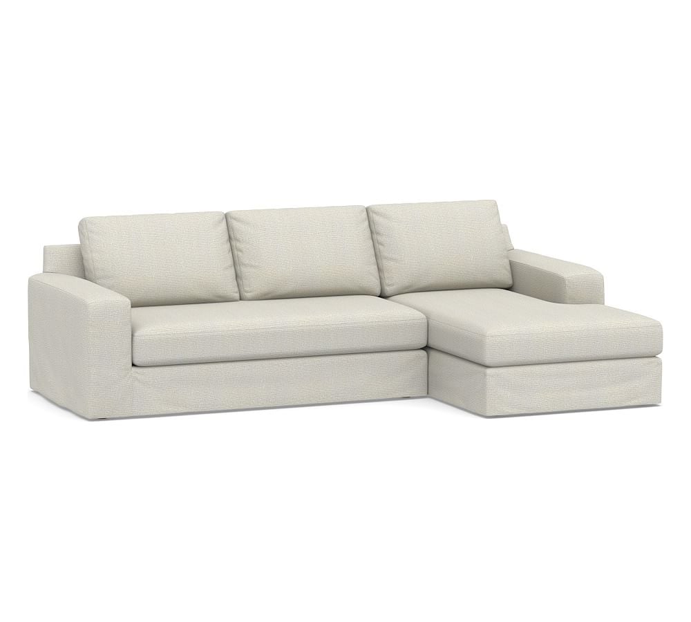Big Sur Square Arm Slipcovered Left Arm Loveseat with Chaise Sectional and Bench Cushion, Down Blend Wrapped Cushions, Performance Heathered Basketweave Dove - Image 0