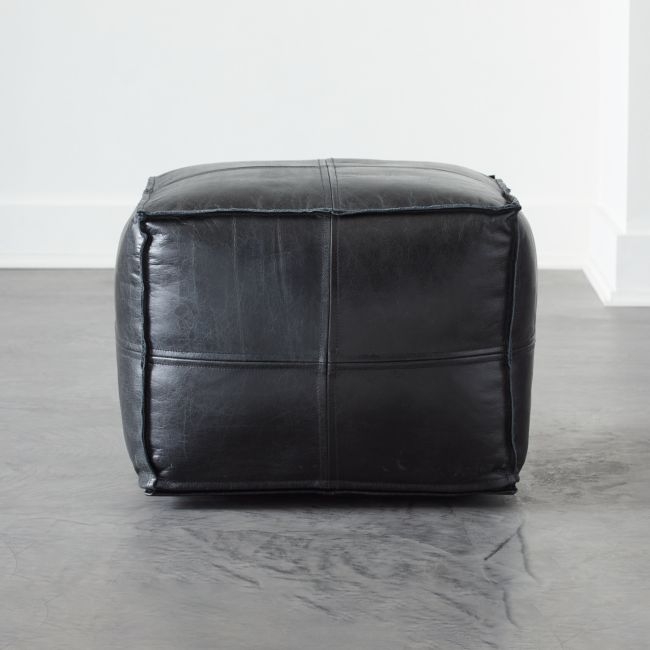 Leather Square Black Pouf - Image 1